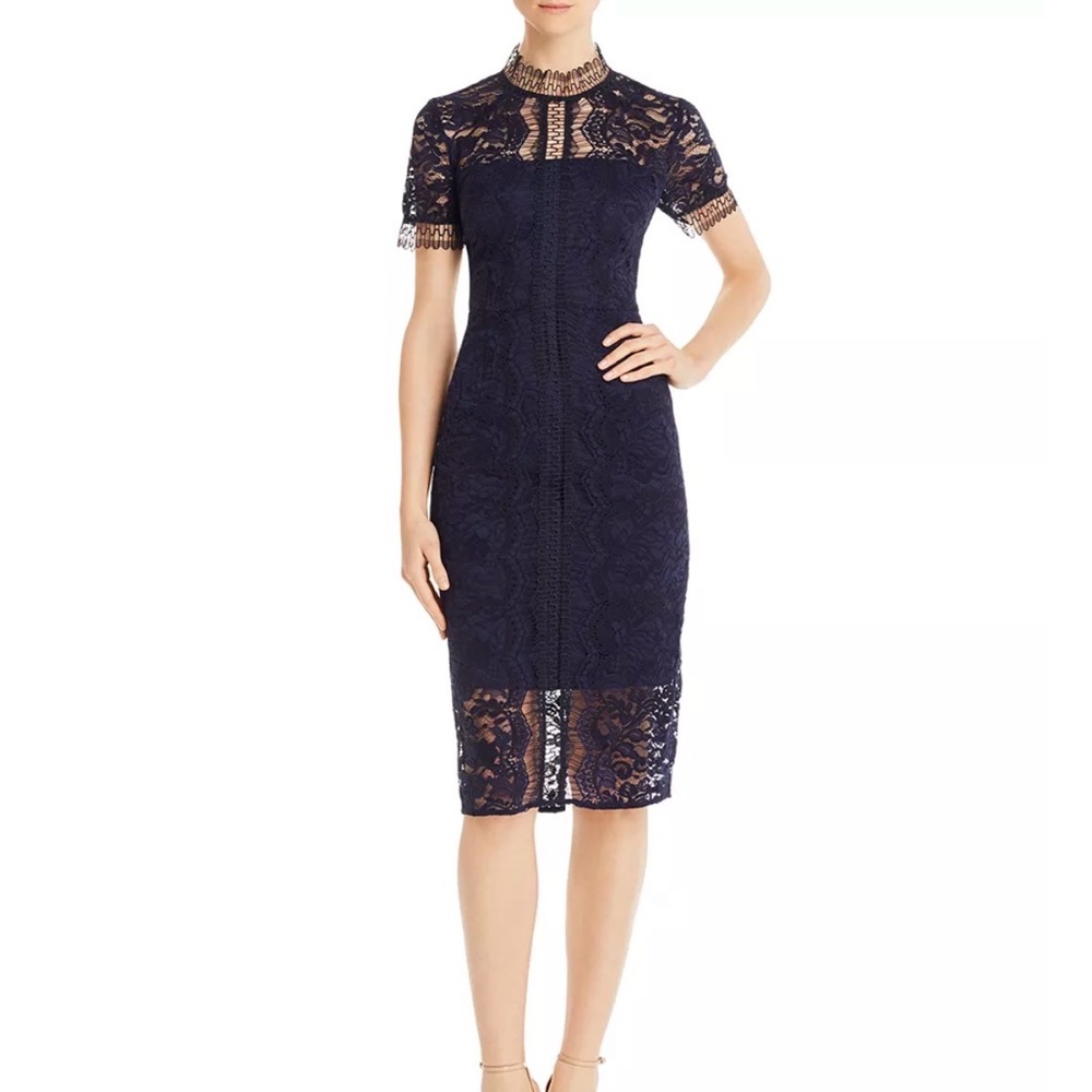 Eliza J Mock Neck Navy Lace Cocktail Dress